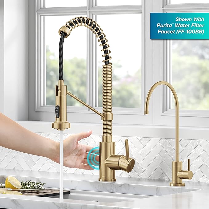 KRAUS Bolden Touchless Sensor Commercial Style 2-Function Single Handle Pull Down Kitchen Faucet in Spot-Free Brushed Brass, KSF-1610BB