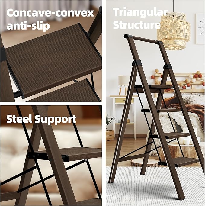 HillhutApex 4 Step Foldable Aluminum Step Ladder with Handgrip, Anti-Slip Pedal, 330lbs Capacity, Lightweight & Portable for Home, Kitchen, Office, Garage (Walnut)