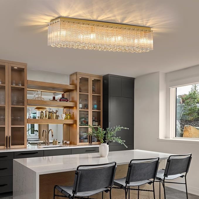 40 Inches Crystal Chandeliers for Dining Room, Gold Modern Ceiling Light for Living Room, Flush Mount Chandelier, Light Fixture for Entryway, Foyer, 8 Bulbs(Not Inclubed), E12 Base