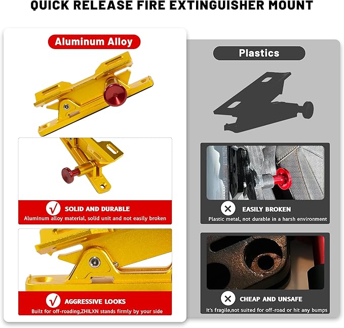 Quick Release Fire Extinguisher Mount – Gold Adjustable Aluminum Roll Bar Bracket for Car Jeep Wrangler (TJ/JK/JL/JKU), UTVs (Polaris RZR, Ranger, Can-Am X3), Trucks & Off-Road Vehicles Bottle Holder