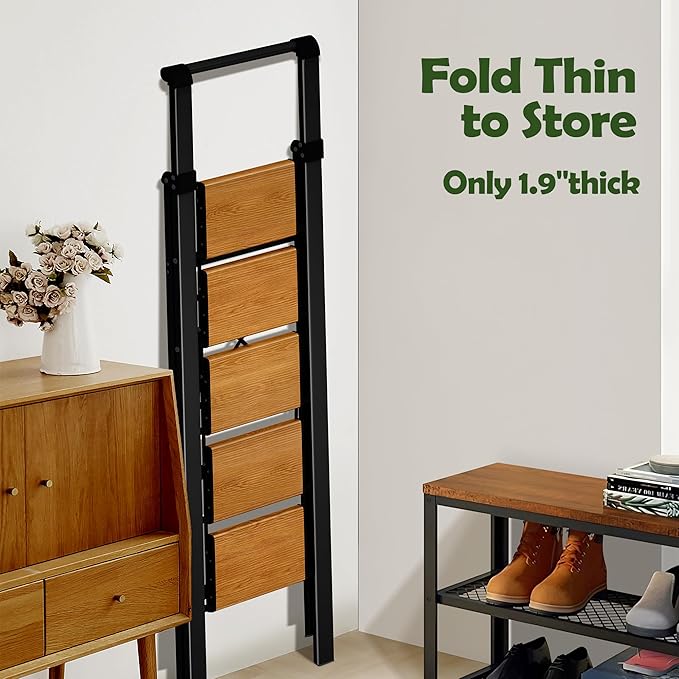 Taranta 5 Step Ladder, Portable Folding Ladder with Wide Pedal, Lightweight Aluminum Step Stool with Convenient Handgrip, 330 lbs Capacity Stepladder for Home, Office - BlackWoodgrain