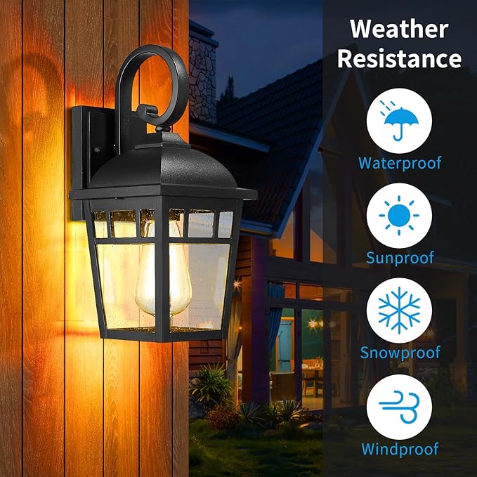 Front Porch Lights Outdoor Wall Lights Exterior Wall Sconce, Matte Black Exterior Light Fixtures Waterproof Farmhouse Outdoor Lighting Fixtures for House Garage Porch Patio 2 Pack