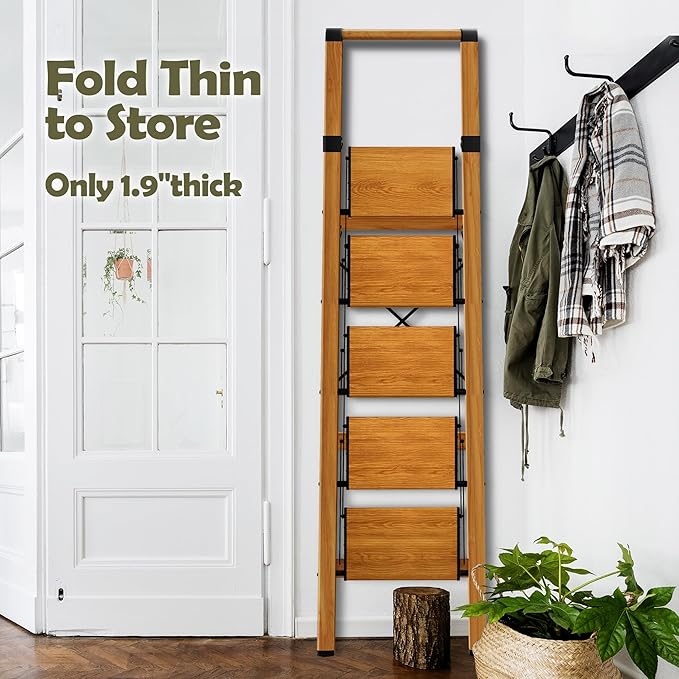 Taranta 5 Step Ladder, Portable Folding Ladder with Wide Pedal, Lightweight Aluminum Step Stool with Convenient Handgrip, 330 lbs Capacity Stepladder for Home, Office - Woodgrain