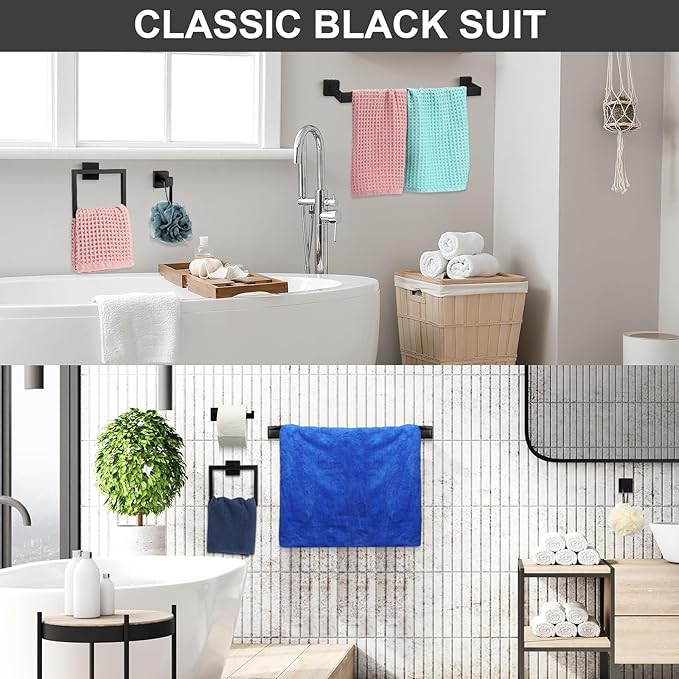 Gisafai 30 Pcs Bathroom Hardware Accessories Set 23.6 Inch Bath Towel Bar Kit Stainless Steel Bathroom Hardware Set Towel Racks Ring Hooks Paper Holder for Wall Mounted (Black)