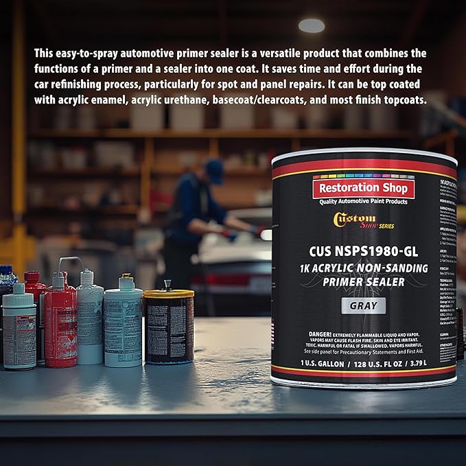 Custom Shop Premium 1K Acrylic Non-Sanding Primer Sealer Paint, Color Gray, 1 Gallon - Fast Drying, Ready-To-Spray, Apply Over Automotive Primer Surfacers, Sanded Finishes - Topcoat Urethane, Enamel