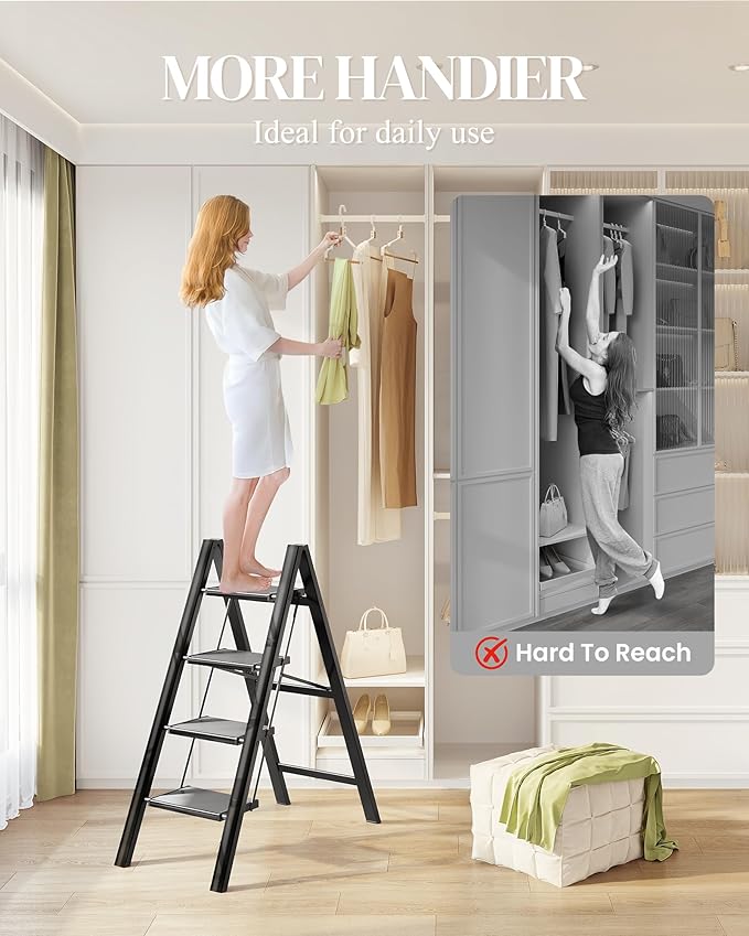 GameGem 4 Step Ladder, Folding Step Stool with Wider Pedal, Anti-Slip Feet & Non Slip Stripes, Aluminum Sturdy Material, 300Lbs Capacity, Elegant Look of Piano Black Better Matches Your Home