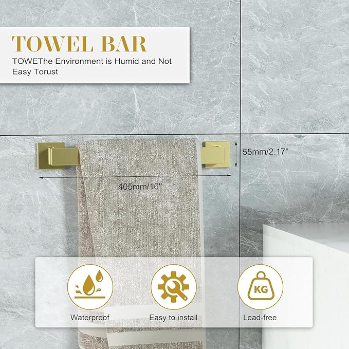 Bathroom Accessory Towel Bar Set: 15 Pieces Gold Bathroom Hardware Square SUS304 Stainless Steel - Wall Mounted Towel Rack&Toilet Paper Holder&Towel Ring and Towel Hook
