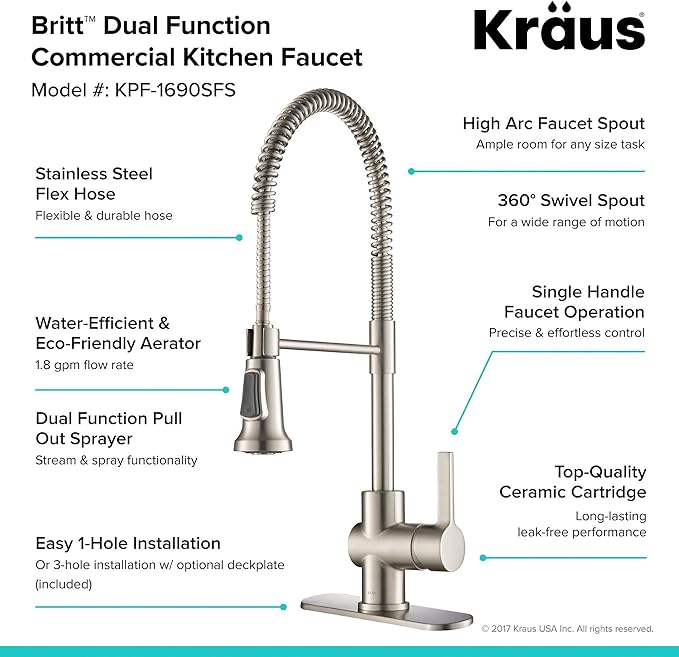 KRAUS Britt Commercial Style Spot Free Stainless Steel Pre-Rinse Kitchen Faucet with Deck Plate, KPF-1690SFS