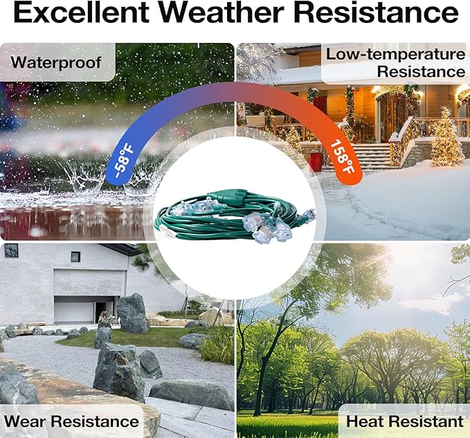 addlon 50FT Christmas Outdoor Extension Cord with Multiple Outlets, 1 to 3 Splitter with 6 Outlets, 16/3 SJTW Weatherproof Power Cable for for Outdoor Lights and Holiday Decorations, ETL Listed, Green