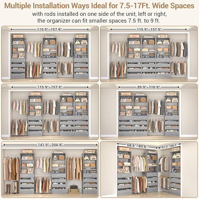 Aheaplus Closet System with 12 Drawers, 8.5-11.5Ft Wood Closet Organizer System with 4 Hanging Rods & 3 Towers, 4Ft & 6Ft L-Shaped Walk-in Closets Wardrobe Organizer Clothes Rack, Set of 3, Grey1
