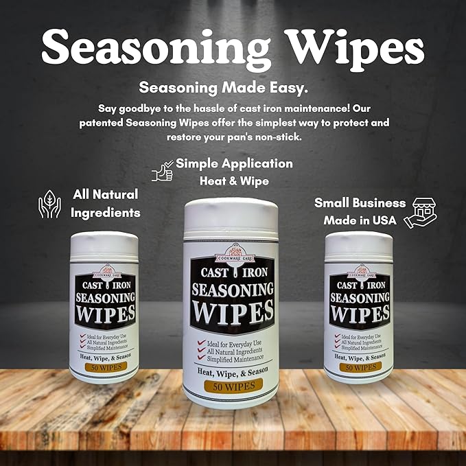 Cookware Care Cast Iron Seasoning Oil Wipes, 50 Count, Made in USA with Grapeseed Oil for Cast Iron Skillet, Blackstone Griddle - Ideal Blackstone Accessories Gift for Men/Dad