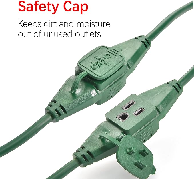 Clear Power 25ft 16/3 SJTW Green Landscape Extension Cord w/3 Inline outlets & Outlet Covers, for Christmas Lights and Holiday Decorations, CP10225