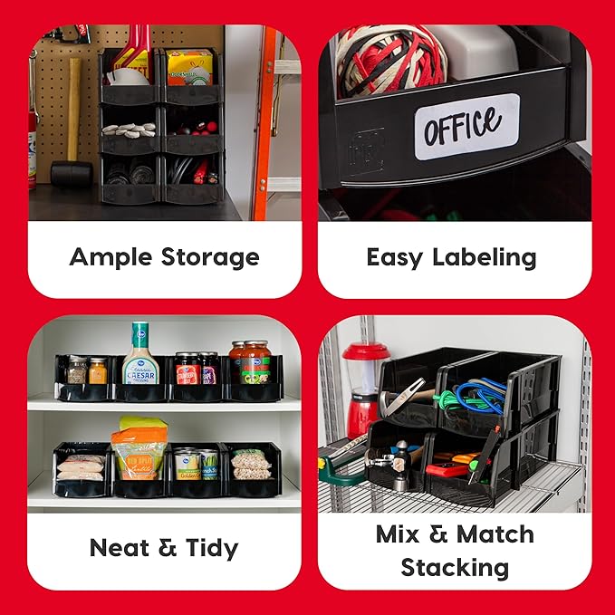 IRIS USA Extra Small Stackable Storage Bins, 24-Pack, 5.5 x 4.5 x 3 inch, |Made in USA|, Plastic Open Front Shelf Bin for Organizing Parts, Hardware, Tools, Supplies, Garage Shelf, Pantry - Black