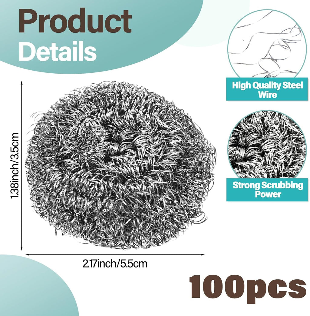 100Pcs Steel Wool Scrubber Pads, Bulk Steel Wool Scrubber, Metal Sponge Wire Scouring Pad, Heavy Duty Dishwashing Scouring Pads for Cleaning Dishes, Pans, Pots, Ovens, Grills, Sinks