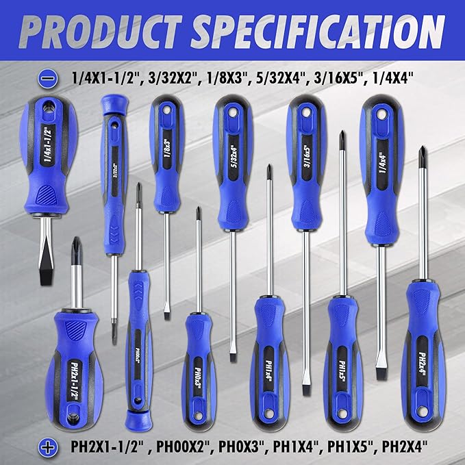 CARTMAN 12 Piece Magnetic Screwdriver Set 6 Phillips and 6 Flat Professional Cushion Grip Hand Tools Set