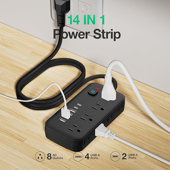 Surge Protector Power Strip - 8 AC Outlets & 6 USB Ports (4A/2C), 1080J Extension Cord with Multiple Outlets, 2-Sided Outlet Extender, 10FT Extension Cord, Wall Mount for Travel, Dorm Room