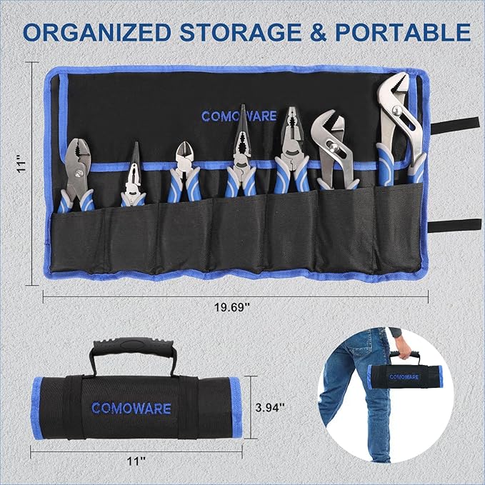 COMOWARE 7Pcs Pliers Tool Set, Mechanic Pliers with Rolling Pouch, including Groove Joint Long Nose Slip Joint Diagonal & Wire Plier for Home DIY Craft Projects Basic Repairs
