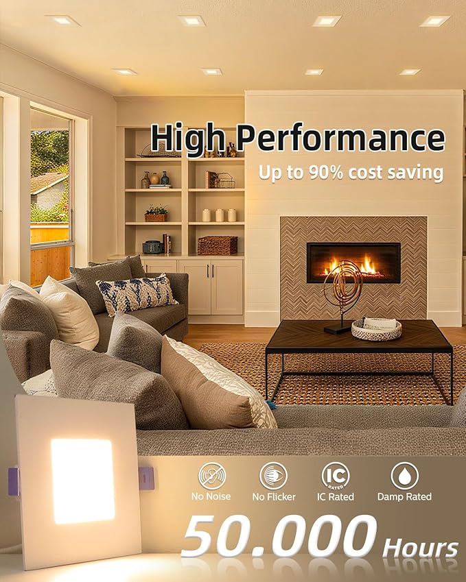 zouzai 4 Inch Square LED Recessed Light for Round Cut Outs,Ultra-Thin 5CCT Selectable & Dimmable Downlight with Junction Box, ETL & Energy Star Certified【12 Pack White】