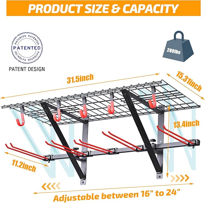 PLKOW Wall-Mounted Ski Rack, Skis Storage Rack for Garage Shed with Top Storage Shelf, Customizable Spacing, Supports Up to 560 lbs, 2-Pack