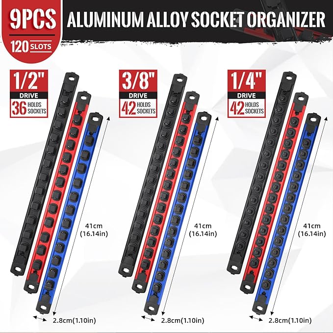 Magnetic Socket Organizer, 9-Piece Heavty Duty Aluminum Socket Holder, Socket Rail for Tool Box, Premium Quality 360° Swivel Socket Rack Kit with 120 Clips for 1/2, 3/8, 1/4-Inch(Multi)