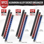 Magnetic Socket Organizer, 9-Piece Heavty Duty Aluminum Socket Holder, Socket Rail for Tool Box, Premium Quality 360° Swivel Socket Rack Kit with 120 Clips for 1/2, 3/8, 1/4-Inch(Multi)