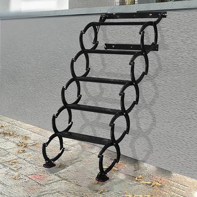 5 Steps Wall Mounted Attic Ladder, Indoor Attic Stairs Pull Down System, Metal Telescoping Step Ladders, Anti-slip Retractable Folding Stair, Loft Extension Steps Staircase for Garage (black, 5 Steps)