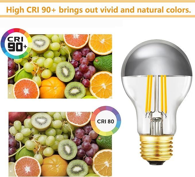 Half Chrome Light Bulb 6W (60 Watt Equivalent), Dimmable A19 2700K Warm White Decorative LED Edison Bulb, E26 Silver Tipped Light Bulb,A60,AC120V, Pack of 4