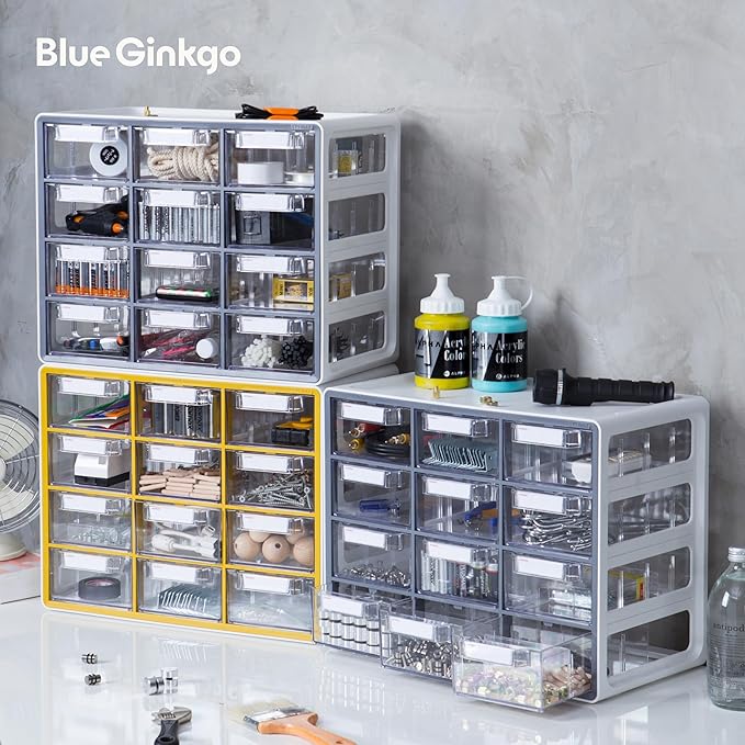 Blue Ginkgo Large 12-Drawer Cabinet – Stackable Clear Organizer for Hardware, Beads, Plastic Bricks, Office, and Craft Storage (Made in Korea, Gray)