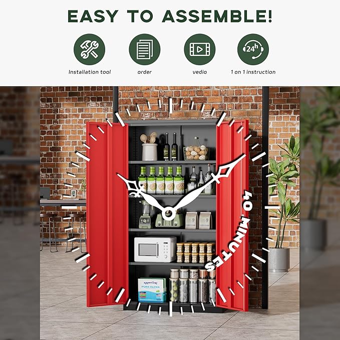 Greenvelly Metal Garage Storage Cabinet, 72" Black Red Tool Steel Locking Cabinets with Doors and 4 Shelves, Tall Cabinets for Garage Storage Systems Lockable File Cabinet for Home Office,Garage