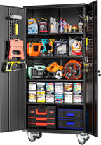 Greenvelly Metal Garage Storage Cabinet with Wheels, Black 72" Rolling Storage Cabinet with 2 Doors and Adjustable Shelves, Steel Tool Cabinets, Metal File Cabinets for Garage, Home Office