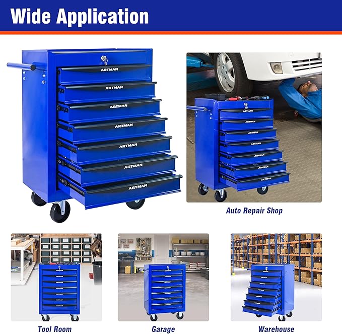 7 Drawers Rolling Tool Box on Wheels, Multifunctional Tool Chest Cabinet with Lock, Drawers Rolling Tool Cart Trolley Organizer Tool Storage Case for Warehouse,Garage,Workshop (Blue)
