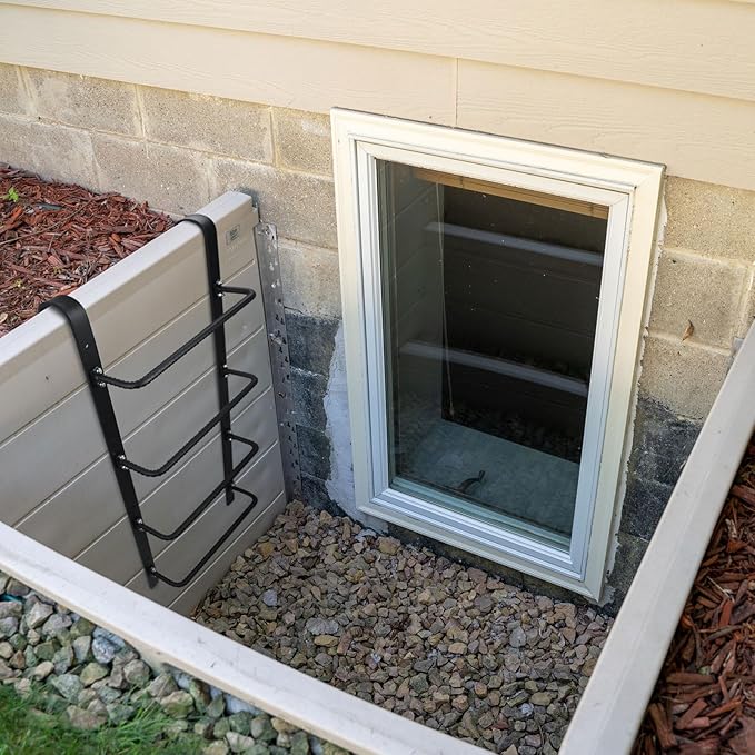 4-Rung Window Well Ladder Hooked, Heavy Duty Steel Fire Escape, Powder-Coated Basement Egress Wall Mounted, 45.2" Lx17.9 W, Black