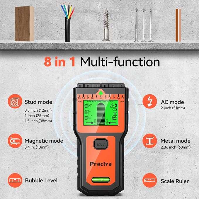 Stud Finder, Preciva Wall Scanner-8 in 1 Multifunctional Wall Detector with 6 Modes & 2 Functions for Studs, Wood, Metal, and AC Wires Detection (9V Battery Included)
