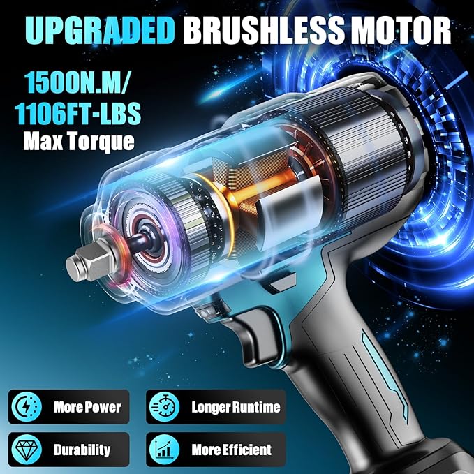 1/2" Cordless Impact Wrench, 1500N.m (1106Ft-lbs) Brushless Impact Gun, 2x4.0Ah Batteries, Max 4200RPM with Reverse Auto-Stop & LED Light for Car Truck Lug Nuts, Auto Repair, Industrial & DIY