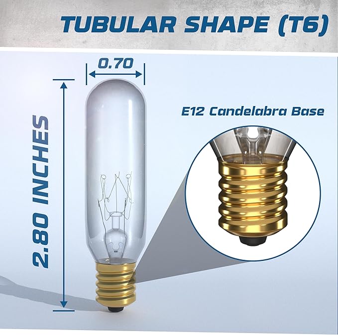 12 Pack - T6 Tubular Light Bulb - Clear 25 Watt - E12 Candelabra Base Dimmable - Warm White Light 180 Lumens E12 Candelabra Base