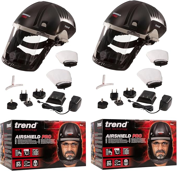 TREND AirShield Pro Full Faceshield Twin Pack, Battery Powered Air Circulating Dust Protector for Woodworking, 0.6 Micron Filtration, U*AIR/PRO/D7