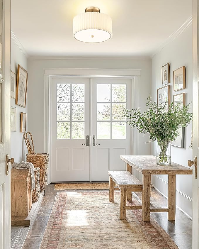 Gold Semi Flush Mount Ceiling Light, 3-Light 12.5" Ceiling Light Fixture with White Pleated Fabric Shade, Drum Lamp for Nursery Hallway Bedroom Kitchen, AD-25036-3SF-GD