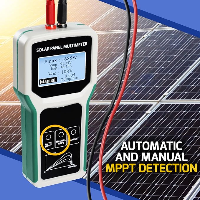 1800W Solar Panel Tester Photovoltaic Multimeter with Smart MPPT Detection for Solar PV Panel Data & Troubleshoot Measures, 24V | 48V | 120V Systems Overload Protection for PV Systems, Data Analysis