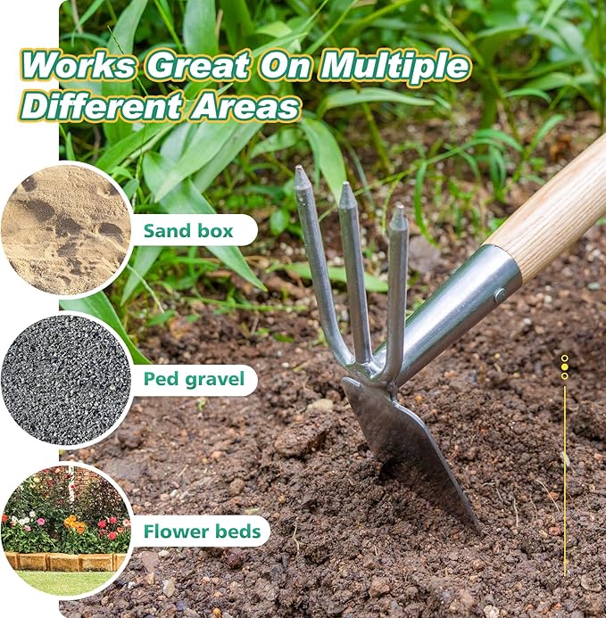 Berry&Bird 2IN1 Hand Tools Hoe and Cultivator, Stainless Steel Garden Hand Tiller and Pickaxes with Wooden Handle, 14''Weeding Hoes for Digging, Loosening Soil, Cultivating, Planting and Farming Tool