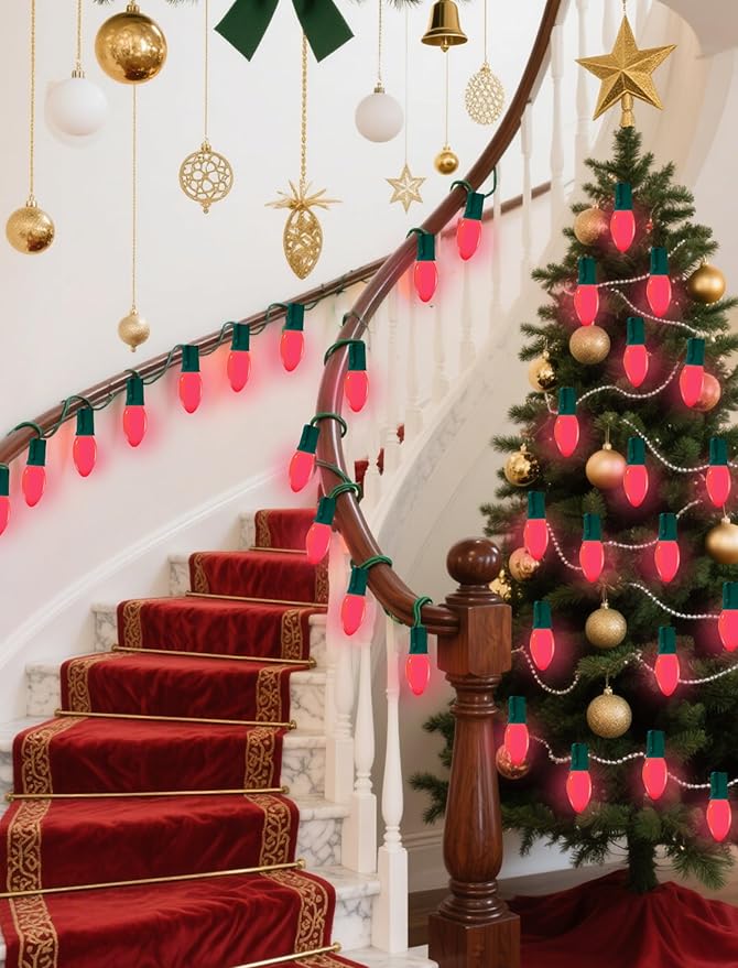 C9 Red Christmas Light Bulbs, 25 Pack C9 Incandescent Replacement Bulbs for Christmas String Light, E17 Intermediate Base, 7Watt Night Lights Bulbs