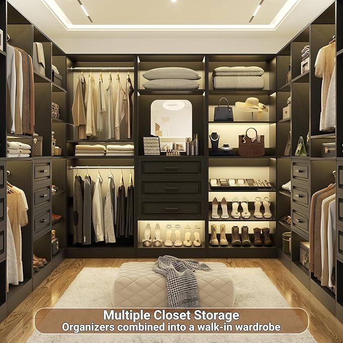 Unikito 25”Freestanding Closet System with 3 Drawers, Organizer Wardrobe with Storage Shelves and Mirror, Sturdy Wood Walk-in Organizer Systems for Small Closets, 25" W x 16" D x 80" H, Black