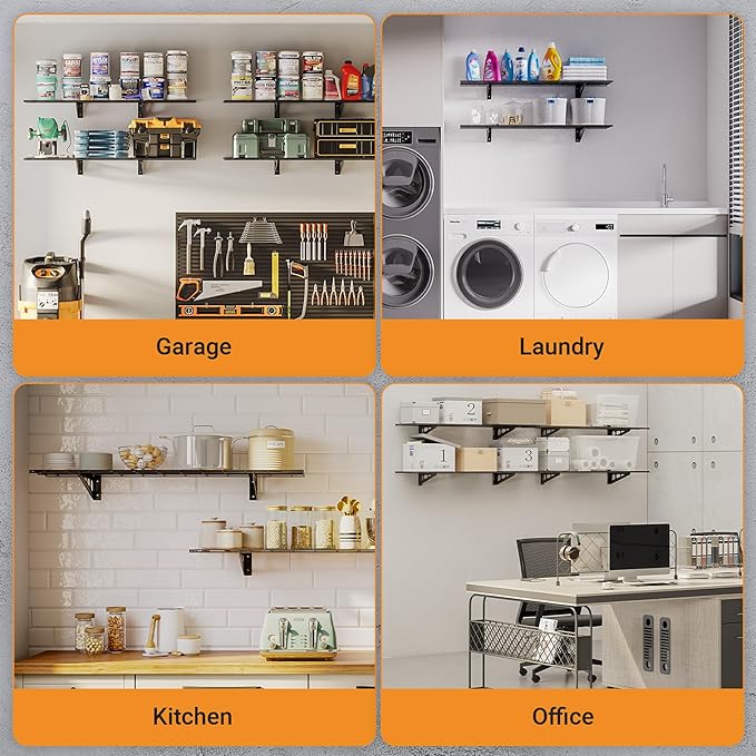 1x4 ft Garage Shelving, 2-Pack Wall-Mounted Shelves for Garage, Kitchen, Pantry Storage, 300 lbs Total Load Capacity Wall Shelving, Black