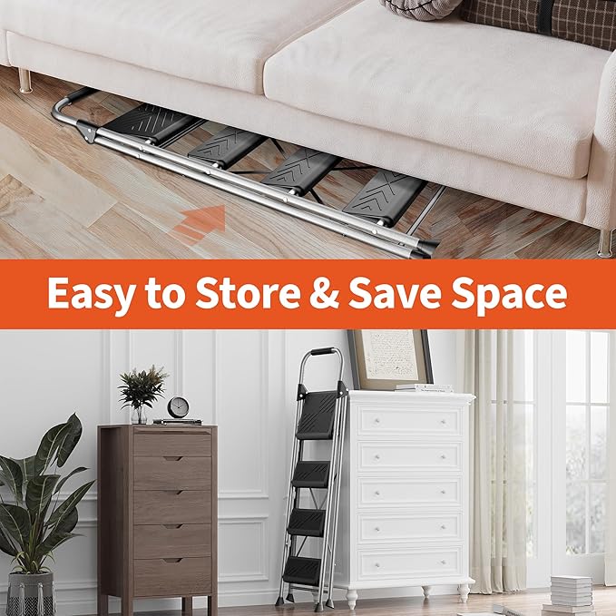 4 Step Ladder,DIAMONDFORGE Folding Step Stool with Anti-Slip Wide Pedal, Soft Handle, Anti-Slip Feet, Sturdiest Steel Construction, 900lbs Capacity Steel Ladder for Home and Office, Grey