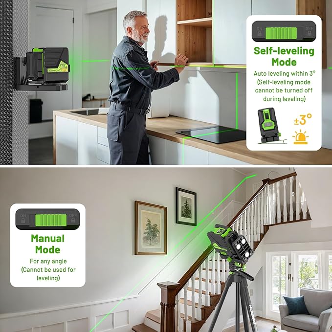 Huepar Laser Level with 60in Tripod, 1/13 High Accuracy Self Leveling Green Cross Line Lazer Leveler for Picture Hanging, Tile, Home Renovation, with Pluse Mode for Outdoor, Carry Case, Glasses