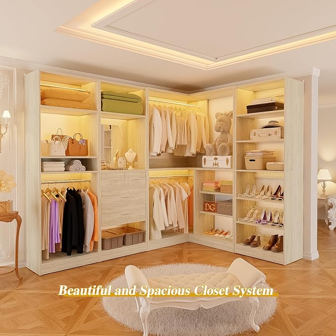 Unikito 110” Closet System with Drawers, 9.3FT Corner Closet Organizer with 4 Hanging Rods, Reversible Large Wood L Shaped Walk in Closets Wardrobe with Shoe Shelves, Set of 4, White Oak