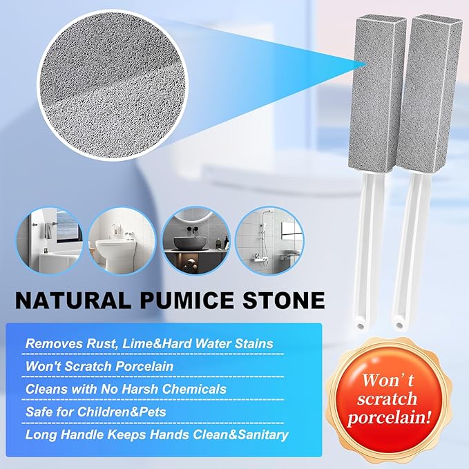 Toilet Bowl Cleaner Pumice Stone- Hard Water Stain Remover, Eliminates Toilet Bowl Rings，Rust &Lime Buildup，Multi-Surface Use for Grills ，Sink，Pool，Bathroom【2Pack】 (Extra Long Handle)