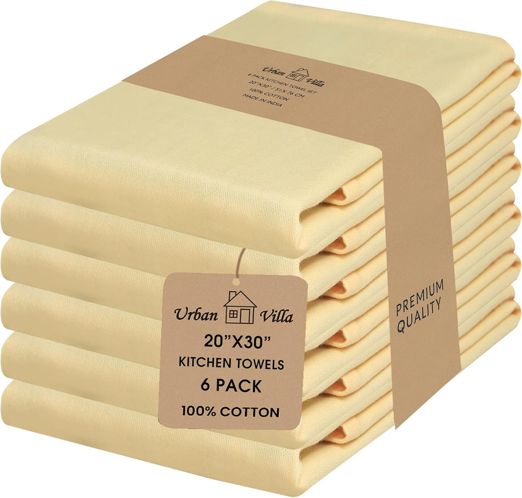 Urban Villa Kitchen Towels Set of 6 Premium Quality 100% Cotton Solid Kitchen Towels Ultra Soft Size 20X30 Inches Light Yellow Color Kitchen Towel Highly Absorbent Kitchen Towels