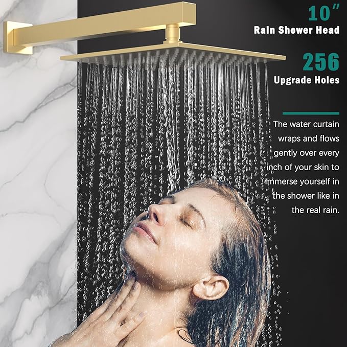 Enga Dual Shower Head Shower System with Body Jets, Wall Mount 10+6" Dual Rain Shower Head with 2 in 1 Handheld Spray for Two People, Shower Faucet Set with Valve Kit, Brushed Gold