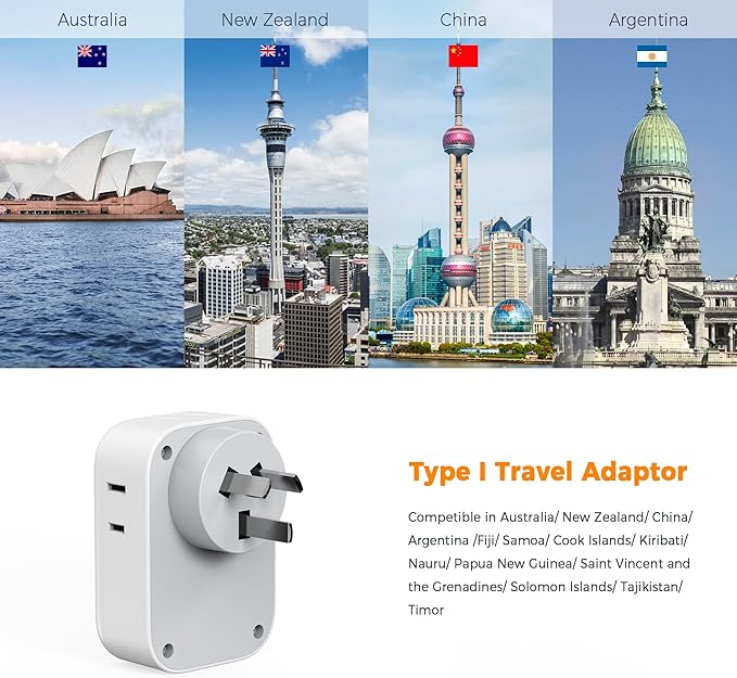 TESSAN Australia New Zealand Plug Adapter (No Voltage Conversion), Type I Power Adaptor with 4 Electrical Outlets 3 USB Charger (2 USB C) for US to Australian AU Argentina Fiji China Cook Islands
