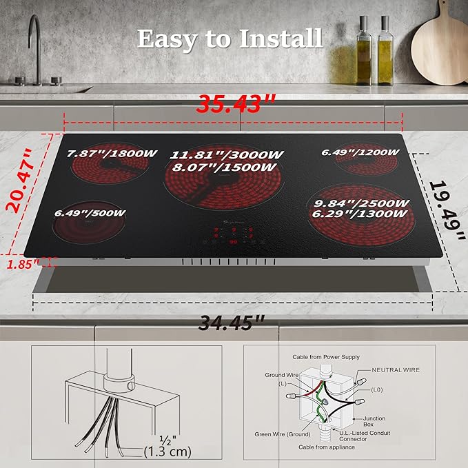 Electric Cooktop 36 Inch 5 Burners, Matte Glass Electric Stove Top, Built-in Ceramic Cooktop with Touch Control, Fast Heat, Multiple Safety Protection, 9000W with Hard Wire for 220V~240V